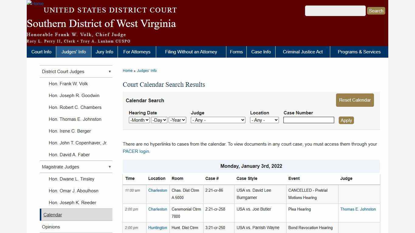 Court Calendar Search Results | Southern District of West Virginia | United States District Court
