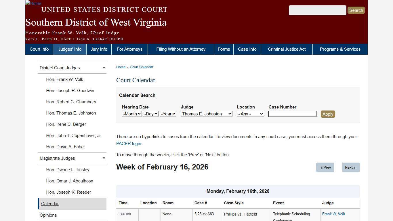 Court Calendar | Southern District of West Virginia | United States District Court